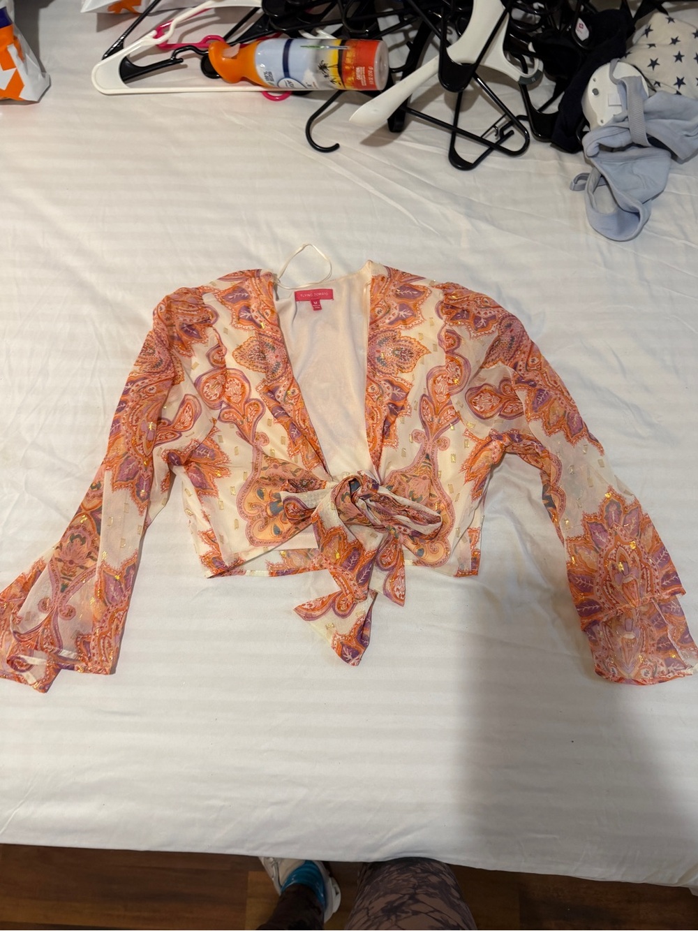 Flying Tomato Pink Orange Paisley Tie-Front Crop Top